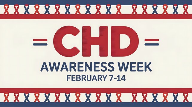 Congenital heart defect awareness week banner with red and blue ribbons, date February 7-14 and text CHD awareness week on cream background, medical support and campaign