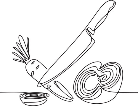 Single Continuous Line Illustration of Vegetables Being Chopped with Knife Motion &ndash; Dynamic Black Ink Sketch