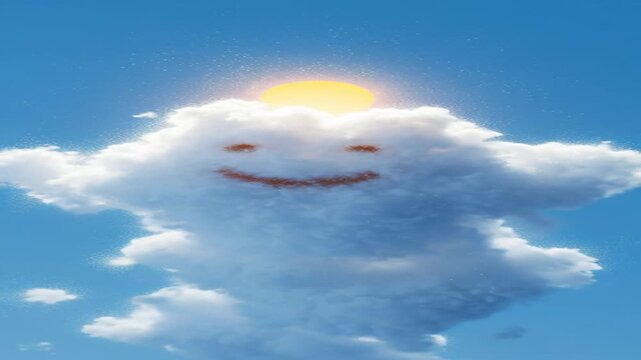 A smiling cloud with a face in a blue sky with the sun shining.