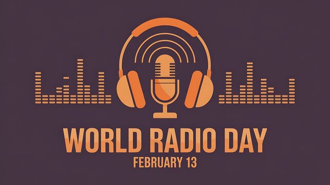 Professional audio equipment graphic for world radio day including headphones microphone and digital equalizer bars on dark background for February 13 international media event