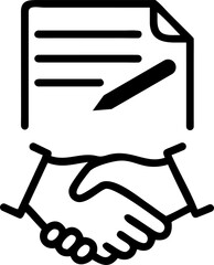 Outline icon depicting two hands shaking in front of a document, symbolizing a business agreement, partnership, or contract completion.