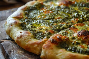 Close up of freshly baked pesto pizza with melted cheese, showcasing its vibrant green color and tempting texture