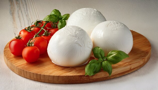 large balls of italian mozzarella di bufala campana on a chopping board with tomatoes and basil