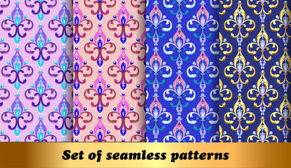Illustration set of floral seamless patterns with Fleur de Lis and beads © Gregory