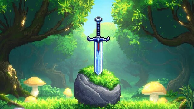 Enchanted sword resting on a mossy stone in a mystical forest. Symbolizes adventure, heroism, and the quest for greatness