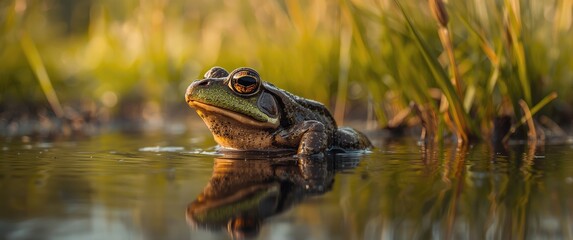 Fototapeta premium Springtime breeding Common frog with head over water and reflections under warm afternoon sunlight