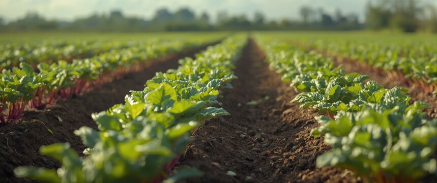 Cultivation of beet with young fresh beet leaves growing in a field of fertile soil