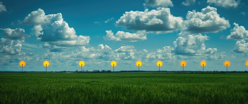 Airport ILS lights on yellow runway with grass and sky behind