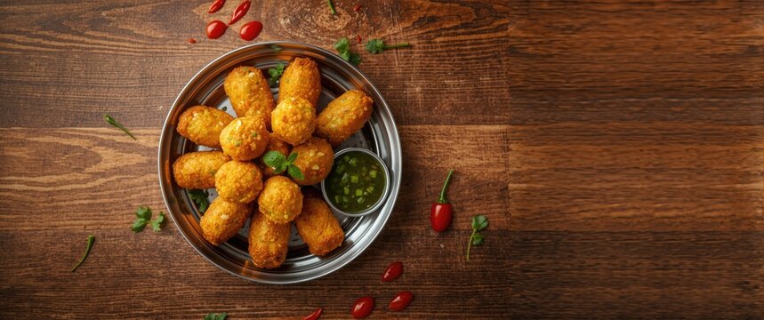 Moong Dal Vada with a crispy texture, known as pakoras, bhajias, or fritters, accompanied by fried chilli and spicy sauces on vibrant or wooden surface