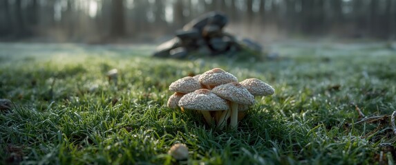 Mushrooms coated in frost growing on a grassy forest floor with a stone pile in the background, captured on a cold morning highlighting natural beauty