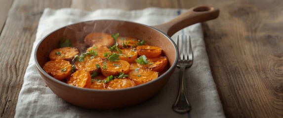 Close-up of roasted sweet potato gratin with parsley in a ceramic pan - vegan healthy recipe
