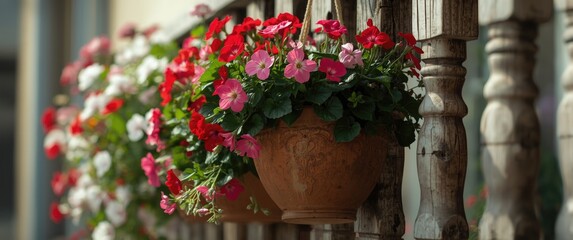 Naklejka premium Bright geranium blooms in red, pink, and white in a hanging pot on balcony fence, close-up view
