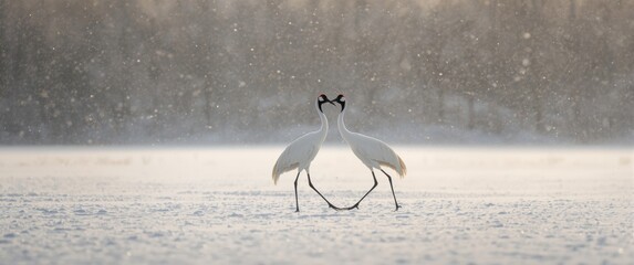 Obraz premium Pair of Red-crowned cranes, Grus japonensis, in the snow in Hokkaido, Japan. Beautiful bird in its natural environment. Wildlife scene with snow-covered forest.