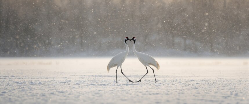 Pair of Red-crowned cranes, Grus japonensis, in the snow in Hokkaido, Japan. Beautiful bird in its natural environment. Wildlife scene with snow-covered forest.