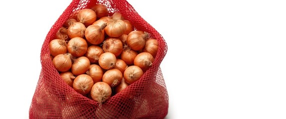 Closeup of organic farm onions in a red mesh sack against a white background. Bulk fresh vegetables for sale. High-res front view photograph.