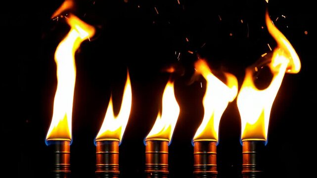 Five Burning Torches with Bright Orange Flames on Black Background