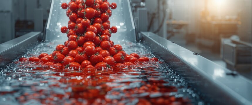 Washing tomatoes in tanks filled with water before processing