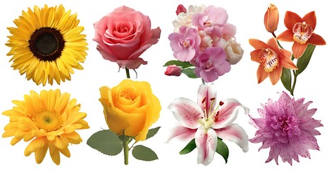 Collection of Eight Colorful Flowers Isolated on White