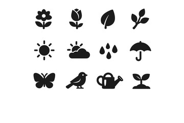 Obraz premium Minimal black silhouette icon set featuring flowers, leaves, sun, clouds, raindrops, umbrella, butterfly, bird, watering can, and seedling