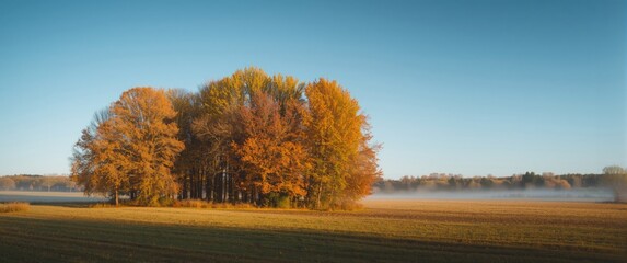 Obraz premium Panoramic landscape of the autumn forest by the field