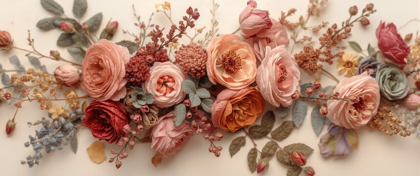 Colorful pressed dry flowers featuring briar, wild rose, dog-rose, brier, canker-rose, eglantine in a seamless collage design