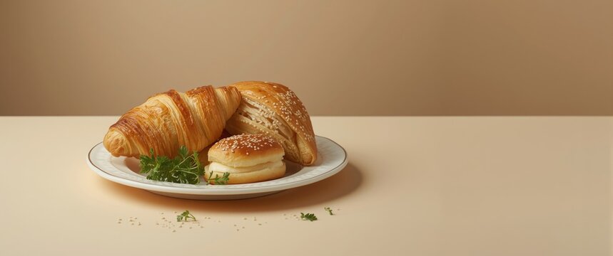 Studio food shots of French pastry, white bread, cheese, and breakfast essentials - wheat bakery, cafe plate, organic ingredients