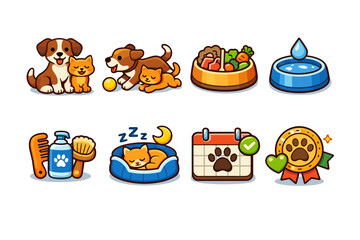 Fototapeta premium Cute pet care icon set with dogs and cats playing, eating, drinking water, grooming, sleeping, veterinary checkup, and award badge illustrations