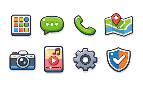 Colorful mobile app interface icons set featuring chat bubble, phone call, map pin, camera, music player, settings gear, and security shield