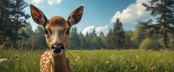 Fototapeta premium Deer in the wild eating grass during summer in a park, nature, forest, green, animal, field, white, young