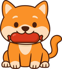 Fototapeta premium illustration of a shiba inu puppy biting a sausage