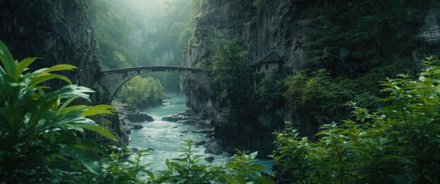 Rainy summer day at Soteska Vintgar canyon, Blejska Dobrava, Slovenia