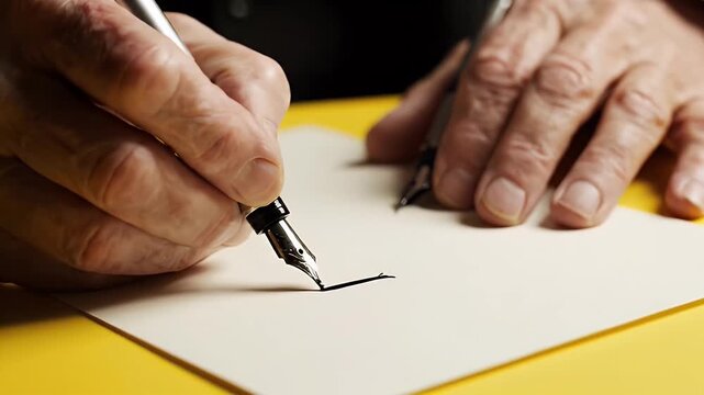 Aged Hands Writing on Paper - Close-up of wrinkled, aged hands holding a fountain pen poised to write on a blank white sheet of paper.
