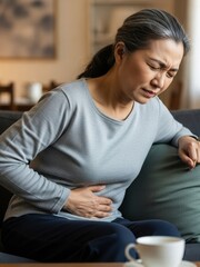 Fototapeta premium Stomach pain, health discomfort in older woman, Elderly Asian woman sitting on sofa, holding stomach with visible pain on face, wearing casual clothes in cozy home, health and digestive issue concept