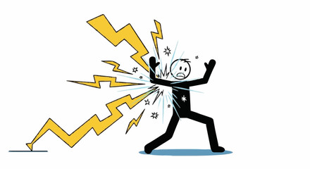 Fototapeta premium Stick figure struck by lightning with energy bolts exploding outwards.