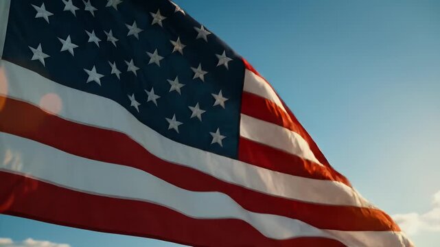 American Flag Waving Against Blue Sky - The video captures the American flag gracefully waving in the wind, set against a clear blue sky.