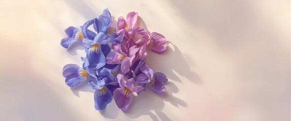 Fresh iris flowers on a spring backdrop with ample copy space