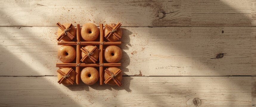Donuts and Cinnamon Sticks in Tic Tac Toe with X Shapes