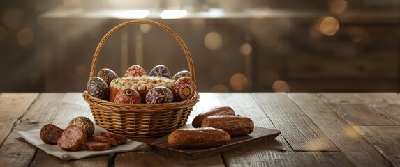 Naklejka premium Easter basket with Ukrainian Easter cake, sausage, and ornate Easter eggs on rustic wooden table for Orthodox Easter festivities