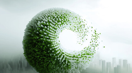 A green digital sphere is constructed from connected data points and lines.