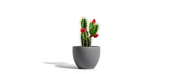 Obraz premium Spiky green cactus featuring long thorns and red fruit resembling dragon fruit on a white background