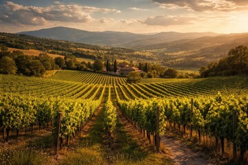 Naklejka premium Panoramic view of vineyard landscape with summer hills in far background