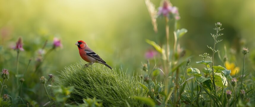 Scarlet male rosefinch sitting on grass, a common bird in the wild
