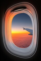 Naklejka premium Scenic sunset view from airplane window with vibrant sky and cloudscape capturing tranquil flight experience at golden hour