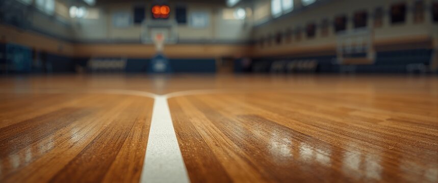 Basketball court with a blurred background showcasing polished wood and white lines, highlighting the court's texture and elegance pre-game