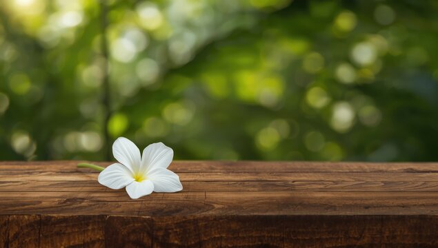 White Agasta or Sesban blossom placed on a rustic wooden surface surrounded by greenery, serving as natural ornamental foliage