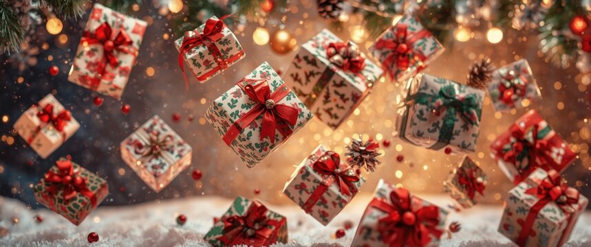 Holiday shopping scene featuring descending or flying gift boxes against a backdrop