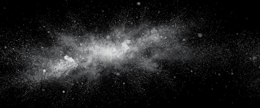 Isolated White Dust and Grain Texture Overlay with Black Space Background. Exploding Powder Flour and Abstract Pattern.