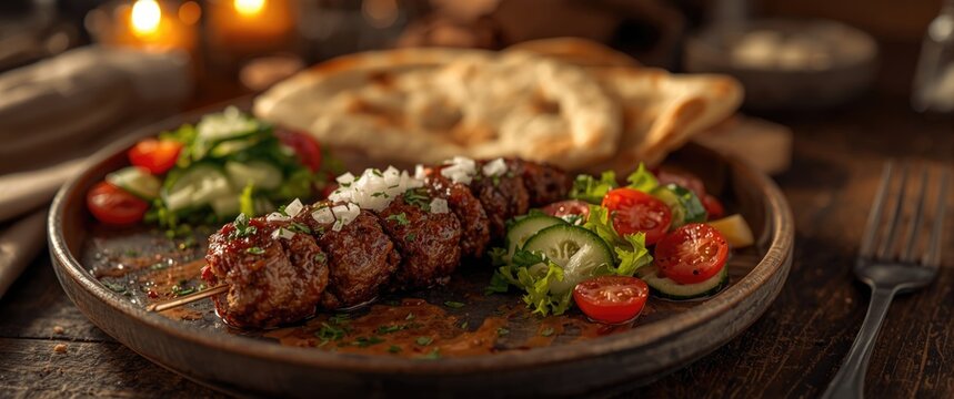 Balkan minced meat kebab options: Kebapche or cevapcici with pita bread and salad