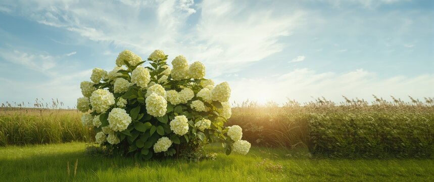 Clear summer day showcasing a mature limelight hydrangea bush in the northeast