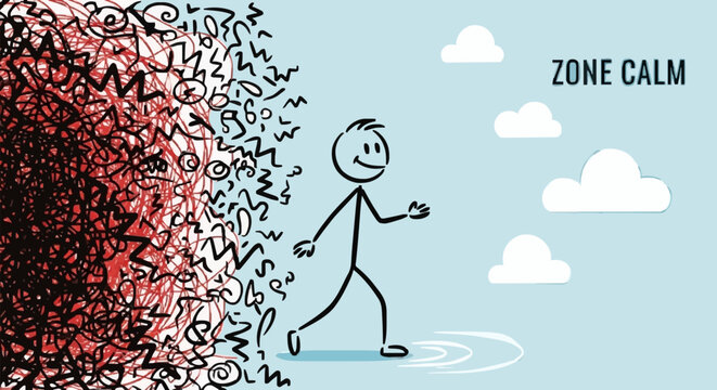 Stick figure walking away from chaos towards calm zone.